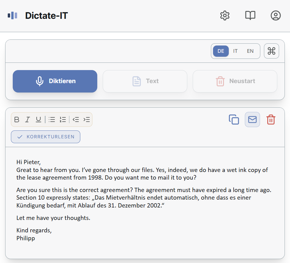 Multilingual dictation with German and English passages